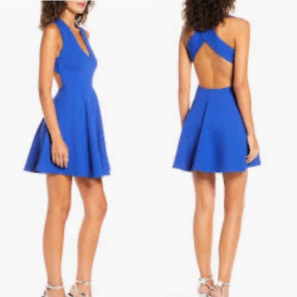 Lulus Going Steady Backless Skater Dress Women's Large Royal Blue Fit Flare Mini